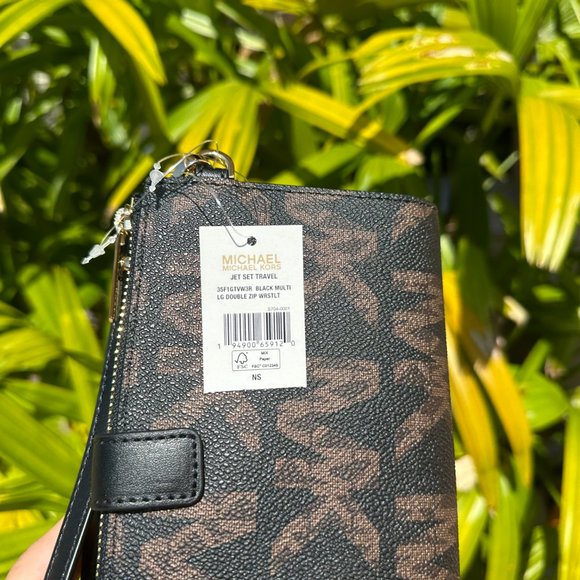 Michael Kors Jet Set Travel Large Double Zip Wallet MK Graphic Logo Brown Black - Picture 8 of 10
